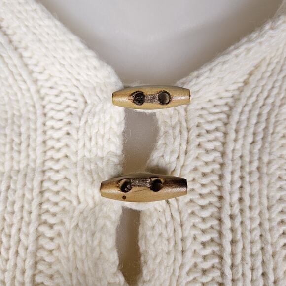 Vintage Y2K Cable Knit Sweater Womens Lambs Wool Hood Wood Toggle Button Cream M - Picture 5 of 15